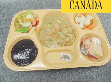  ??  ?? This photo of a food tray showing a typical federal prison meal was taken at Kent Institutio­n in Agassiz, B.C. The changeover to a “cook-chill system” has triggered many complaints about food quality from prisoners.