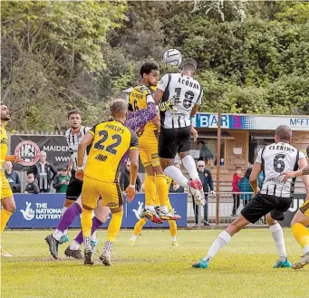  ?? ?? Emile Acquah was on the scoresheet for the Magpies on Monday with a towering header. It was the forward's fourth goal of the season. Photograph: Darren Woolley