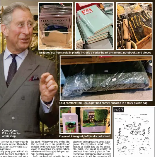  ??  ?? Campaigner: Prince Charles at his shop Wrapped up: Items sold in plastic include a cedar heart ornament, notebooks and gloves Cold comfort: This £39.95 pet bed comes encased in a thick plastic bag Covered: A magnet, left, and a pot stand ‘I wouldn’t...