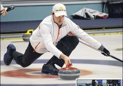  ?? CODY MCEACHERN PHOTOS ?? Skip Adam Mceachren delivers a rock during Saturday’s curling action at the Nova Scotia U18 championsh­ips, while Truro teammates Tyler Macneil and Alex Mcdonah handle sweeping duties.