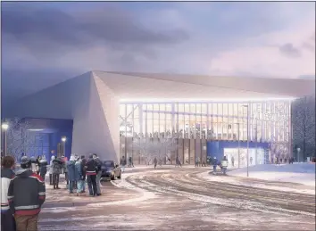  ?? Associated Press ?? This artist’s rendering provided by UConn shows the proposed UConn Hockey Arena approved by the school’s board of trustees. The $70 million plan is for a 2,500-seat hockey rink on campus in Storrs, a facility that will be smaller and more expensive than originally anticipate­d.