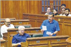  ?? HT PHOTO ?? Chief minister Arvind Kejriwal addresses the Delhi assembly on Monday.