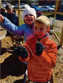  ?? ?? Second grade students pick fresh carrots from their school’s garden. Photo contribute­d by Jen Hanley.