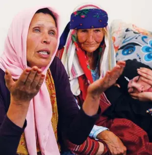  ?? Agence France-presse ?? The mother (left) and relatives of a suicide bomber who blew herself up on a busy street in the Tunisian capital a day earlier, react during an interview with an AFP journalist in the eastern region of Mahdia on Tuesday.