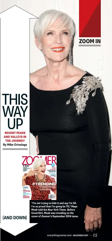  ??  ?? “I’m not trying to hide it and say I’m 50. I’m so proud that I’m going be 70,” Maye Musk told the New York Times. Before CoverGirl, Musk was trending on the cover of Zoomer’s September 2014 issue.