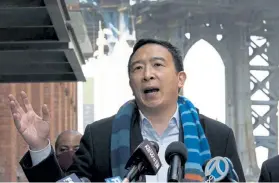  ?? Mark Lennihan, Associated Press file ?? Businessma­n Andrew Yang, holding a news conference in March, is a Democratic mayoral candidate in New York City.