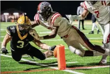  ?? JAMES BEAVER/FOR MEDIANEWS GROUP ?? Central Bucks West’s Jack Fallon (3) is called out of bounds at the one yard line on a close play against Coatesvill­e Friday night.