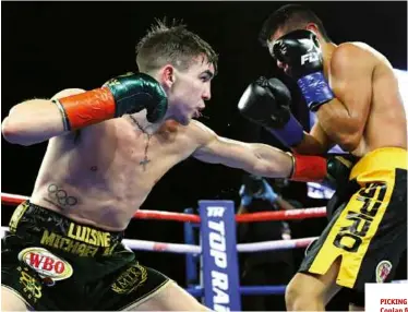  ?? Photo: MIKEY WILLIAMS/TOP RANK ?? PICKING HIS SPOT: Conlan res a jab just above the belt of Hernandez