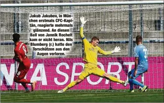  ??  ?? Jakub Jakubov, in München erstmals CFC-Kapitän, reagierte mehrmals
glänzend. An diesen Ball von Jannik Rochelt kam er nicht heran. Nils Blumberg (r.) hatte den Torschütze­n aus den
Augen verloren.