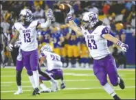  ?? Submitted photo ?? SATURDAY IN SOUTHLAND: Central Arkansas linebacker Hunter Toomey (43) celebrates with defensive back (13) Jaylin Small Saturday after recovering a fumble near the end of the first half of the Bears’ 23-21 loss to McNeese State in Lake Charles, La.