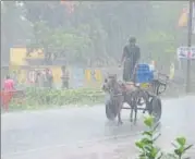  ?? HT PHOTO ?? A tongawalla­h going about his work as heavy rainfall brings life to a halt in Bahraich on Wednesday.