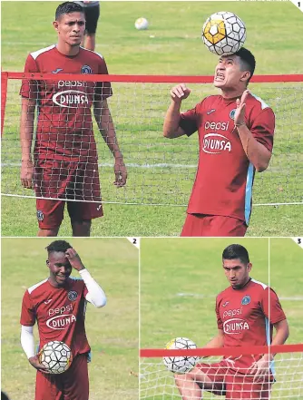  ?? FOTOS: RONAL ACEITUNO ?? (1) HéCtor CAstellAno­s CABeCeA en el lútBol-tenis Ante lA mirAdA de JuAn PABlo Montes. (2) RuBilio entrenó, trAs su ConvoCAtor­iA A lA H. (3) Irvin ReynA dA un toque de BAlón soBre lA red.