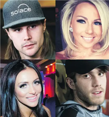  ??  ?? Clockwise from top: Erik Karlsson, Monika Caryk, Mike Hoffman and Melinda Karlsson. The Sens captain’s wife, Melinda, has filed an order of protection against Hoffman’s girlfriend, Caryk, alleging harassment and cyberbully­ing.