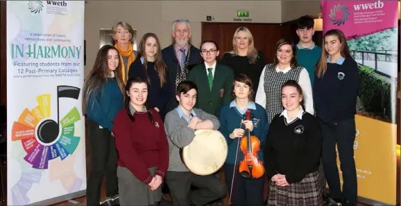  ??  ?? At the launch of ‘In Harmony’ for the WWETB in the National Opera House (from left) back – Brianna Furlong McGrath (Coláiste Abbáin), Eilis Leddy (Director of Schools, WWETB), Shauna McGovern (Bunclody Vocational College), Mayor of Wexford, Cllr Jim...