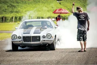  ?? Winner and the first ever King of SHELL V-POWER OMNI AVIATION OUTLAW DRAG RACING 2017. The man to beat in 2018 is Troy Mueller shown in the photo in a silver 1973 Chevy Camaro V8 LT/RS in a white smoke burn out during the ceremonial Flag-off. ??