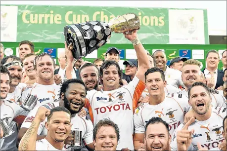  ?? Picture: GALLO IMAGES ?? TRIUMPH REWARDED: Cheetahs captain Francios Venter, centre, and his teammates celebrate after winning the Currie Cup against the Blue Bulls at the Toyota Stadium in Bloemfonte­in at the weekend