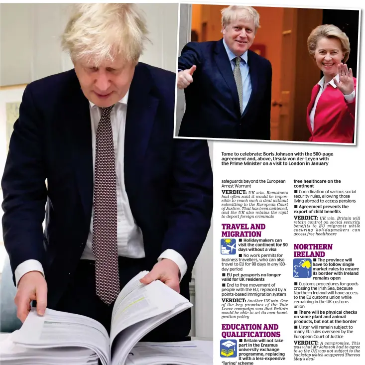  ??  ?? Tome to celebrate: Boris Johnson with the 500-page agreement and, above, Ursula von der Leyen with the Prime Minister on a visit to London in January