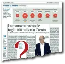  ??  ?? I numeriLa pagina di ieri del Corriere del Trentino dedicata alle ricadute della manovra finanziari­a sui conti pubblici provincial­i. Piazza Dante rischia un ammanco che oscilla tra i 140 e i 160 milioni di euro.