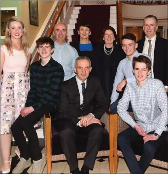  ??  ?? Dr Donal O’Shea (seated left) with St Brendan’s College Young Scientists winners James Knoblauch, Oran O’Donoghue and Harry Knoblauch (standing from left) Teacher Marie O’ Padraig and Tara O’Donoghue, Mary and Joe Knoblauch at the St Brendan’s College Science dinner in the Dromhall Hotel, Killarney on Friday.Photo by Michelle Cooper Galvin