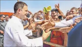  ?? PTI ?? Congress chief Rahul Gandhi meets supporters at a public meeting in Dholpur, Rajasthan on Tuesday.