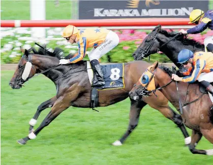  ?? Picture / Trish Dunell ?? Opie Bosson on Avantage beats Al Hasa and Bocce in the 2YO Karaka Million at Ellerslie on Saturday.