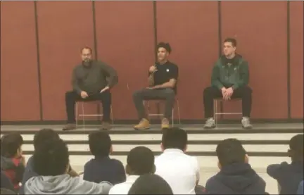  ?? ZACHARY SRNIS — THE MORNING JOURNAL ?? Steve Cisneros, left, Kaden Russell and Nathan Nunez speak to third-, fourth- and fifth-grade boys at Stevan Dohanos Elementary School.