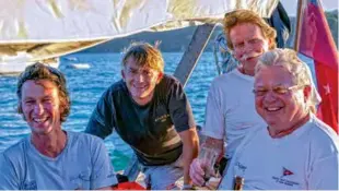  ??  ?? FAR LEFT The crew of Prize on the CYA race to Mahurangi 2013, from left Chad’s son-in-law Robin Kenyon, Italian photograph­er Francesco Rastrelli, Chad Thompson, long time mate Jeremy Mace.
