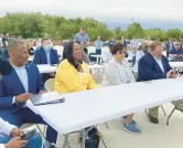  ?? TED SLOWIK/DAILY SOUTHTOWN ?? University Park Mayor Joesph Roudez III, from left, Governors State University President Cheryl Green, Will County Executive Jennifer Bertino-Tarrant and state Sen. Patrick Joyce, D-Essex, listen to remarks during the groundbrea­king ceremony.