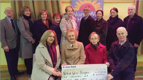 ??  ?? Mae Keegan recently celebrated her 90th birthday in Sooey Hall. Instead of presents Mae asked for donations in lieu for North West Hospice and raised an amazing €1029. Mae (front row 2nd from left) would like to say a big thank you to all her friends...