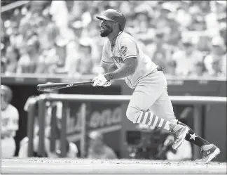  ?? NICK WASS / AP ?? New York Mets’ Jose Reyes bats July 4 during a baseball game against the Washington Nationals in Washington. Of the 164 players who qualify for the batting title, only two have a lower batting average on balls hit in play than Reyes does.