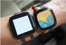  ??  ?? The Fitbit Sense’s display (right) is only slightly larger than the Versa 2’s (left), but the screen’s rounded corners make it much nicer to look at.