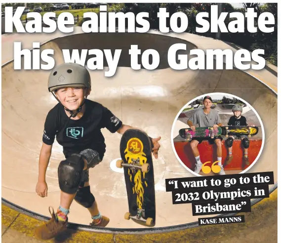  ?? ?? Kase Manns, 8, is the Skateboard Ambassador for the NQ Games and is set to compete in the Josh Solomon Cup at Northshore today: (Inset) Kase with his coach Rick Thomas. Pictures: Evan Morgan