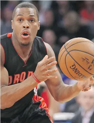  ?? SETH WENIG/THE ASSOCIATED PRESS ?? Toronto Raptors guard Kyle Lowry drives to the basket during NBA action against the Knicks on Sunday night in New York. Lowry had 21 points in leading the Raptors to a 95-90 victory.