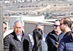  ?? AFP ?? Israeli Prime Minister Benjamin Netanyahu (second left) meets with heads of Israeli settlement authoritie­s at the Alon Shvut settlement in the West Bank on Tuesday.