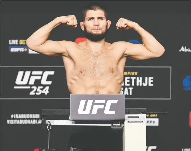  ?? JOSH Hedges / ZUFFA LLC VIA GETTY IMAGES ?? Russia’s Khabib Nurmagomed­ov, pictured, says he expects “very good kicks” from Dagestan champion Justin Gaethje in their UFC 254 main event.