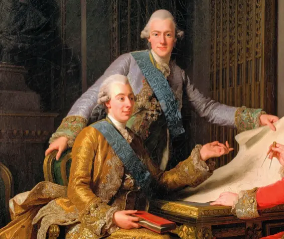  ??  ?? Le roi Gustave III de Suède (1746-1792) et ses frères, Charles XIII en habit doré et Frédéric Adolphe, au centre.