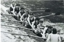  ??  ?? Above A month-old David Thomas in his father’s arms in 1959; rowing for King’s College Cambridge in 1980 (second from back); Thomas in summer 1983