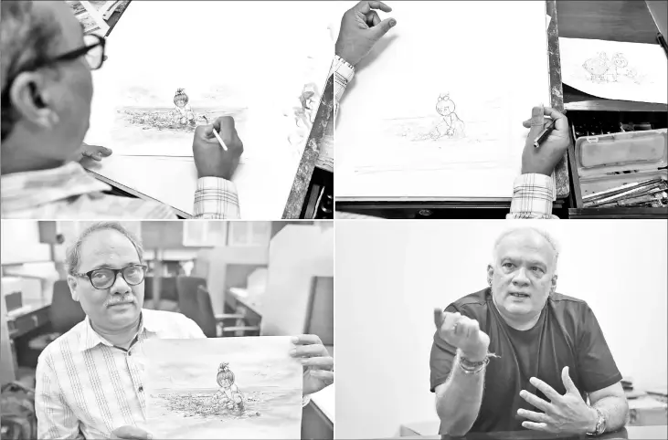  ??  ?? (Clockwise from top left) Indian cartoonist Jayant Rane gives finishing touches to a sketch of a new Amul advert for World Environmen­t Day in Mumbai. • Jayant Rane works on a sketch of a new Amul advertisem­ent for World Environmen­t Day during an...