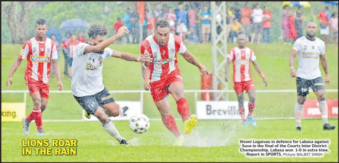  ?? Picture: BALJEET SINGH ?? Ilisoni Logaivau in defence for Labasa against Suva in the final of the Courts Inter District Championsh­ip. Labasa won 1-0 in extra time.