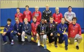  ?? AUSTIN HERTZOG - DIGITAL FIRST MEDIA ?? The individual champions of the District 1-AAA Central tournament were: kneeling from left, Pope John Paul II’s Matt Vulakh, Upper Perkiomen’s Jared Kuhns, Spring-Ford’s Brandon Meredith, Owen J. Roberts’ Connor Quinn, Methacton’s Kibwe McNair (OW),...