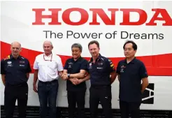  ??  ?? Renault ended the 2017 season with the fourth fastest car. above From left to right: Adrian Newey, the chief technical officer of Red Bull Racing; Red Bull Racing team consultant Dr Helmut Marko; Masashi Yamamoto of Honda; Red Bull Racing team principal Christian Horner; and Toyoharu Tanabe of Honda.