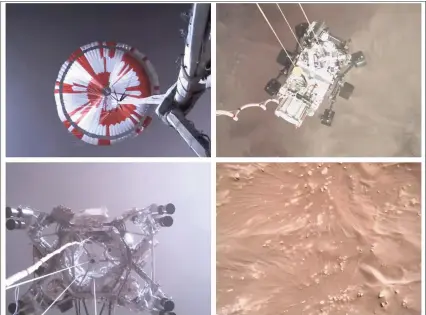  ?? NASA/JPL-Caltech via Associated Press ?? This combinatio­n of images from video made available by NASA shows steps in the descent of the Mars Perseveran­ce rover as it approaches the surface of the planet on Thursday.