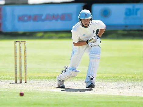  ?? Picture: EUGENE COETZEE ?? ABOUT TO RUN: Grey batsman Tiaan van Vuuren knocks the ball in the match against Durban Boys’ High on Pollock Field during the Grey Cricket Festival