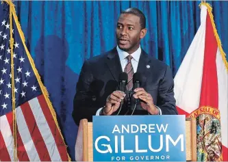  ?? STEVE CANNON
THE ASSOCIATED PRESS ?? Andrew Gillum, the Democrat candidate for Florida governor, has withdrawn his concession in the race.