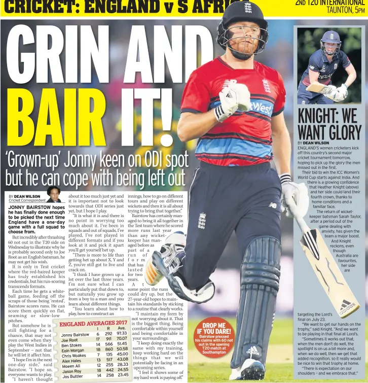  ??  ?? DROP ME IF YOU DARE! Bairstow pressed his claims with 60 not out in the opening T20 match at Southampto­n