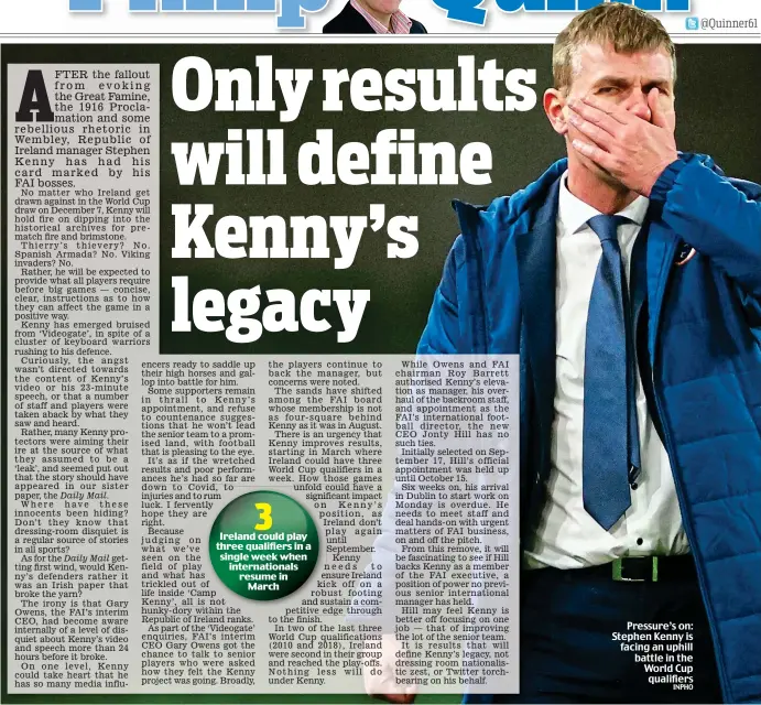  ?? INPHO ?? Pressure’s on: Stephen Kenny is facing an uphill battle in the World Cup qualifiers