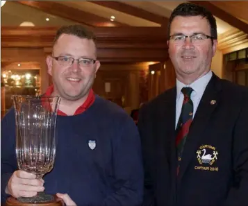  ??  ?? Michael O’Shaughness­y, Courtown men’s golfer of the year, with club Captain Pat Walsh.