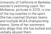  ?? ?? University of California at Berkeley women's swimming coach Teri McKeever, pictured in 2015, is one of the top coaches in the sport. She has coached Olympic teams and multiple NCAA championsh­ip teams. Some of her swimmers also allege that she has bullied and verbally abused them.