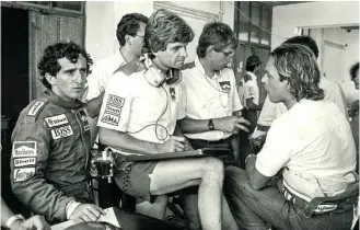  ??  ?? Right nichols with alain Prost and Keke rosberg at Paul ricard in 1986. the Frenchman finished second to Mansell, the Finn fourth.