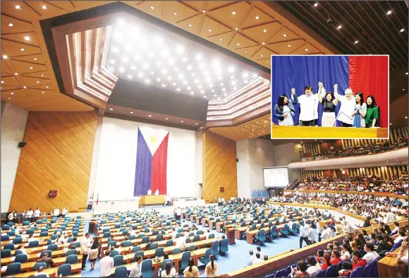  ?? (AP/AFP) ?? Philippine senators and congressme­n gather for a joint session to proclaim the winning president and vice-president following the official canvass in a record time on May 30 at the House of Representa­tives in suburban Quezon city, northeast of Manila,...